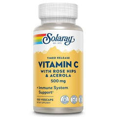 SOLARAY envase frontal de Vitamina C 500 mg mostrando 100 VegCaps y beneficio de dosificación sostenida