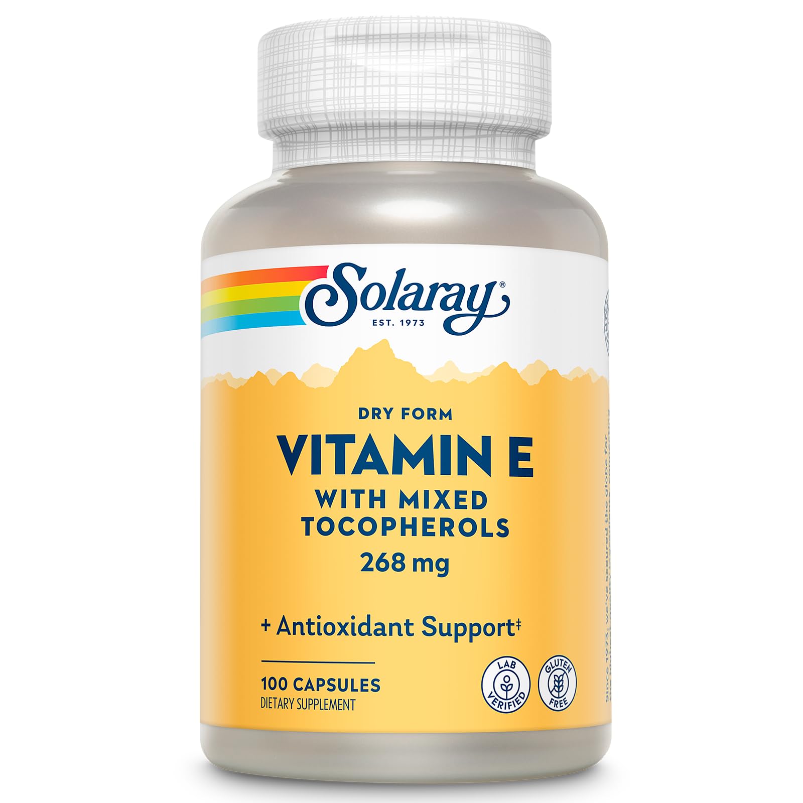SOLARAY frasco frontal de Vitamina E 400 IU que muestra el envase reciclado y la cantidad