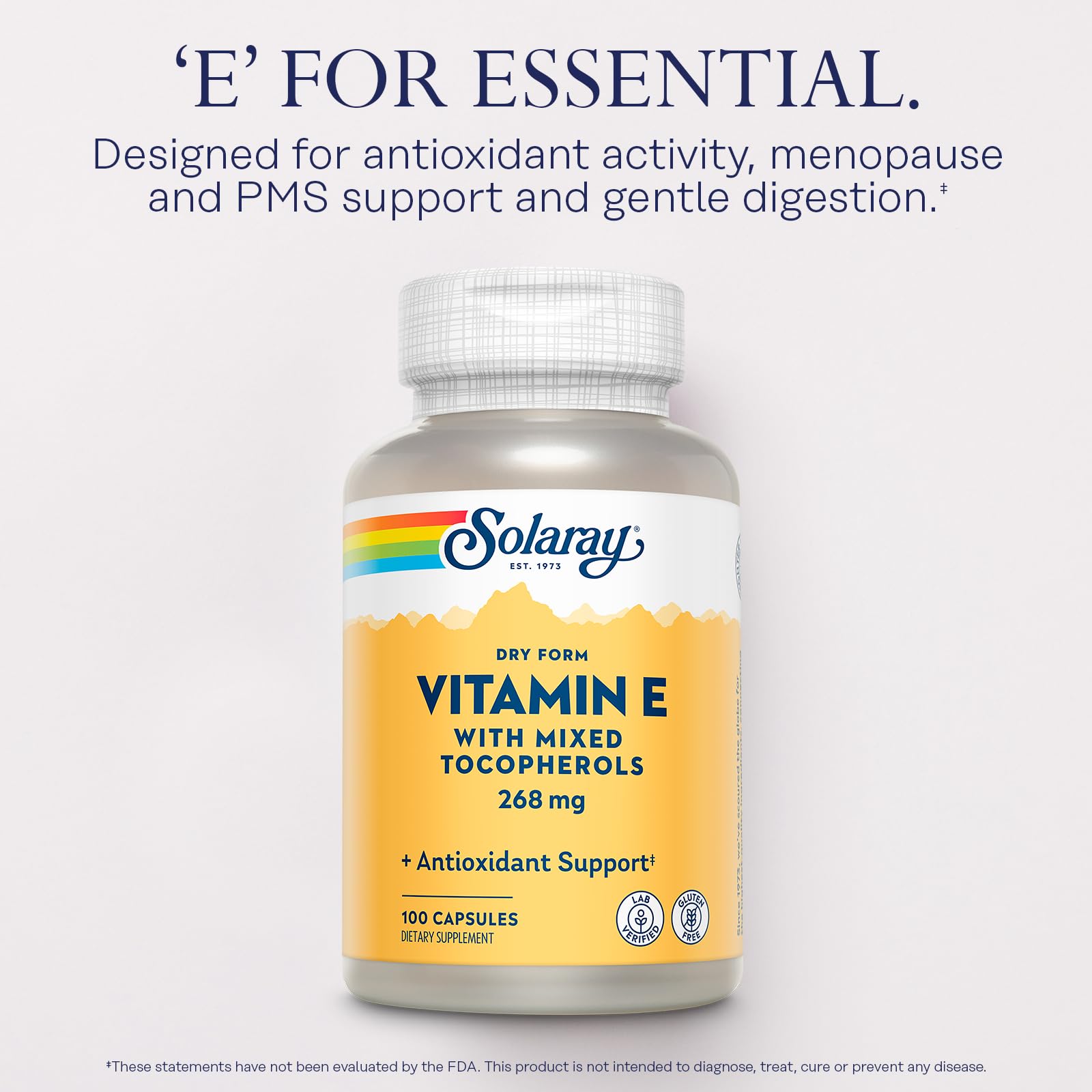 SOLARAY detalle del polvo seco de Vitamina E subrayando la mezcla de tocoferoles naturales