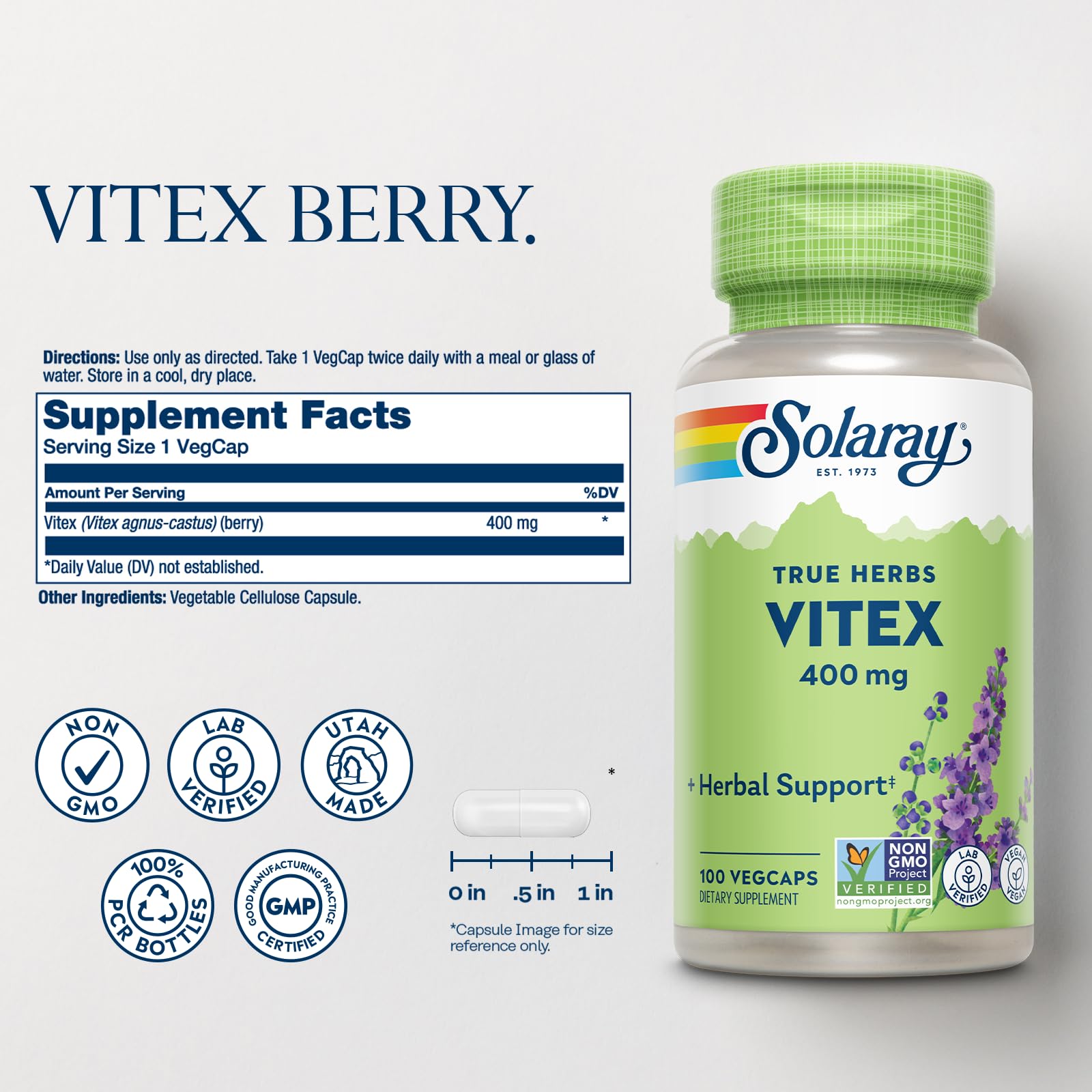 SOLARAY cápsula de Vitex Berry en primer plano para dosificación precisa