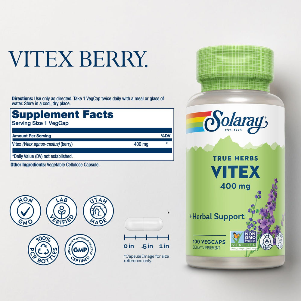 SOLARAY cápsula de Vitex Berry en primer plano para dosificación precisa
