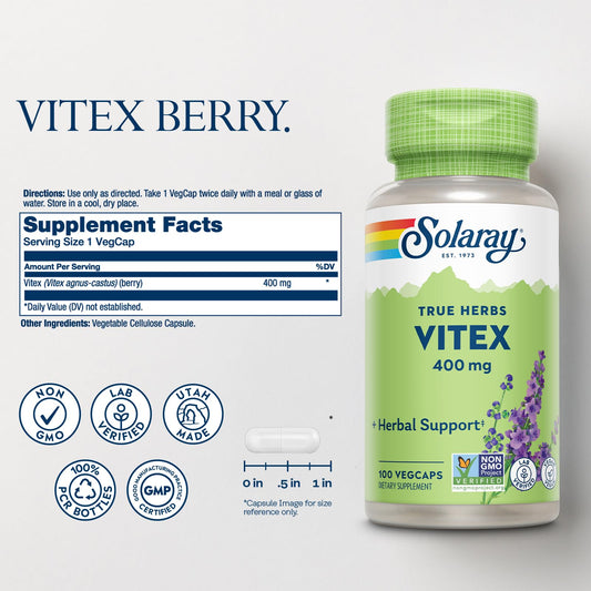 SOLARAY cápsula de Vitex Berry en primer plano para dosificación precisa