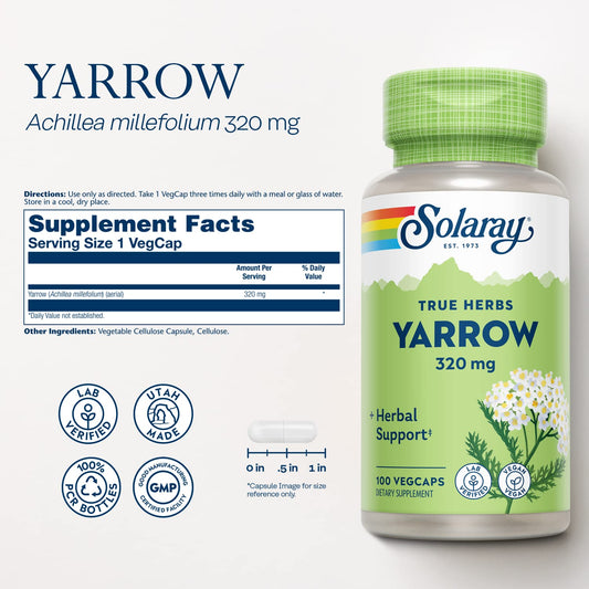 SOLARAY Yarrow 320 mg cápsulas, vista trasera con información de ingredientes de calidad
