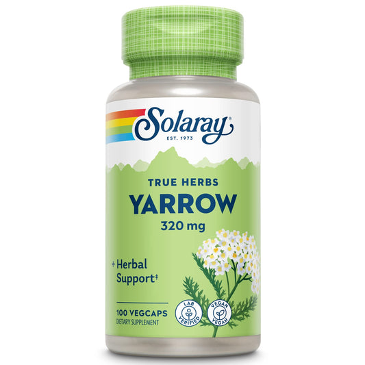 SOLARAY Yarrow 320 mg cápsulas, vista frontal del envase para uso diario
