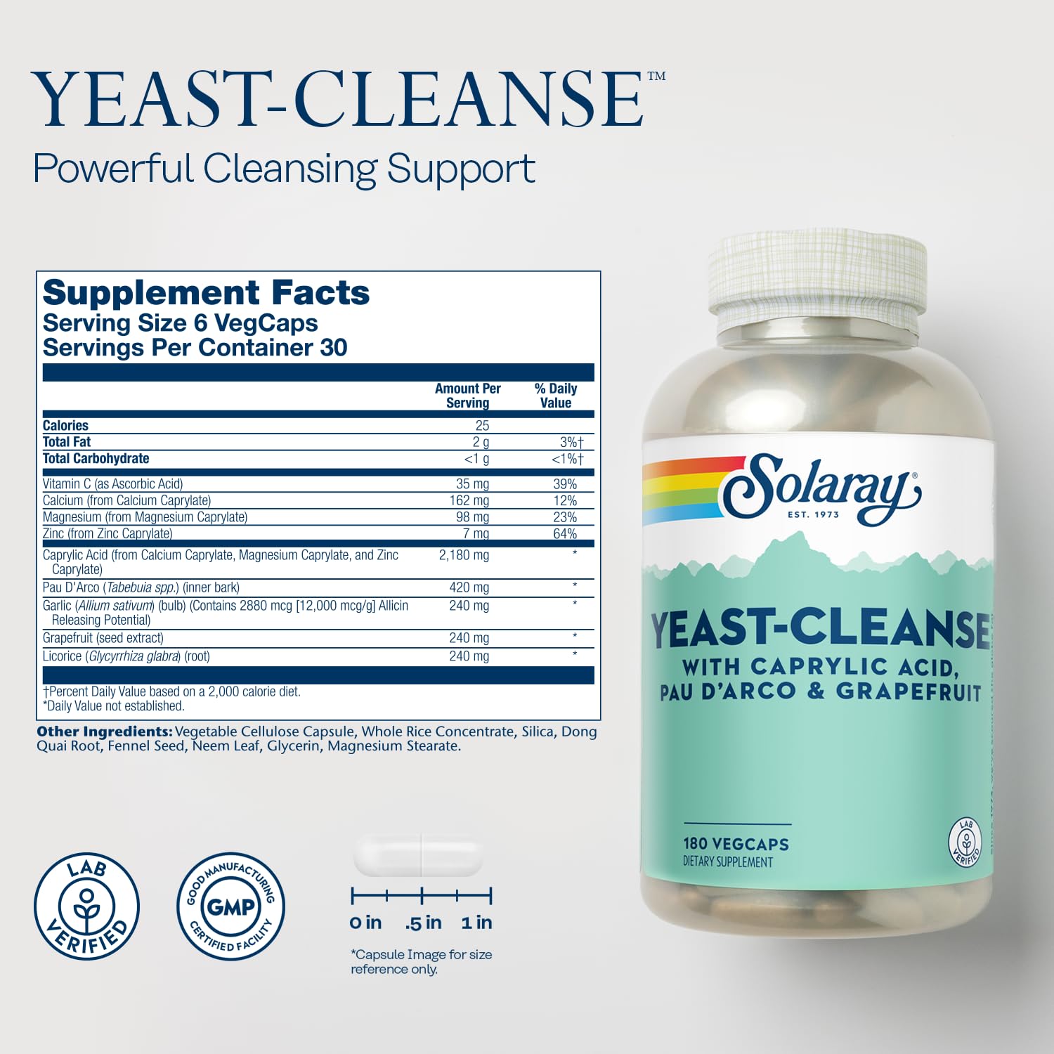 Solaray Yeast-Cleanse cápsulas vegetarianas en primer plano, textura visible