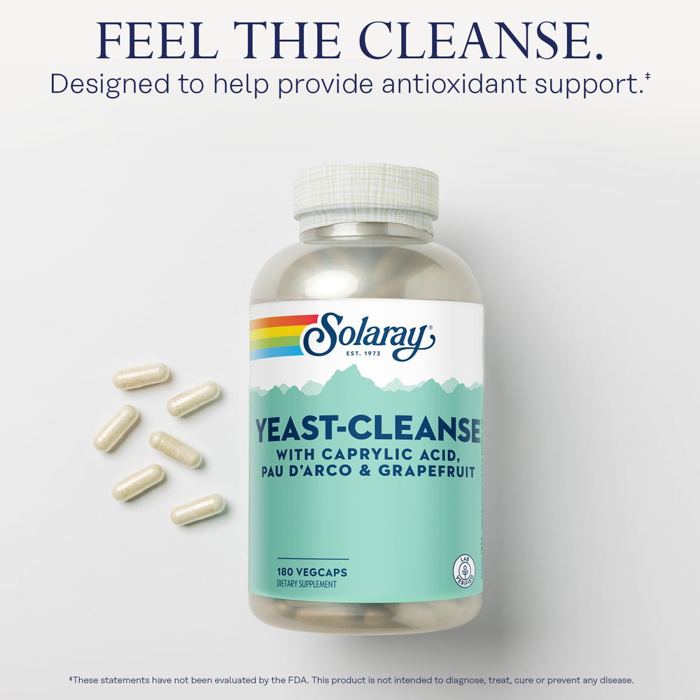Solaray Yeast-Cleanse frasco abierto con 180 cápsulas para suministro prolongado