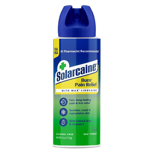 Solarcaine envase frontal 4 oz mostrando etiqueta clara y alivio rápido