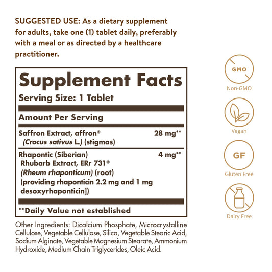 Solgar Alivio para la menopausia, botella trasera, facilidad de uso en la rutina diaria