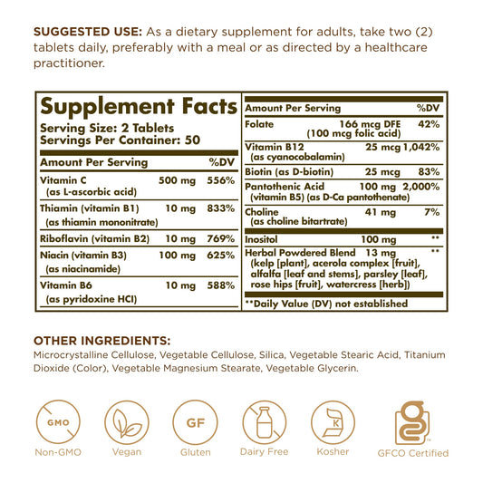 Solgar B-Complejo cápsulas en frasco, formato conveniente para la energía diaria