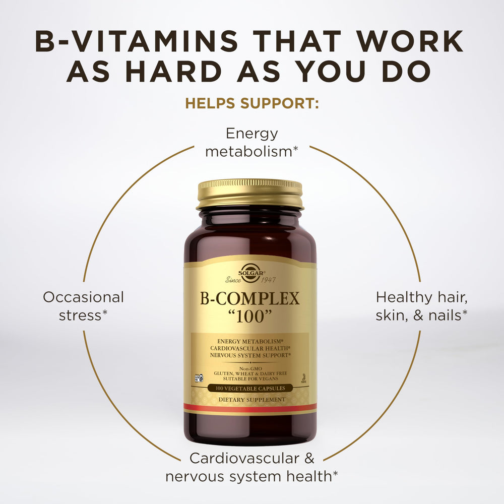 Solgar bote junto a alimentos que aportan vitaminas B