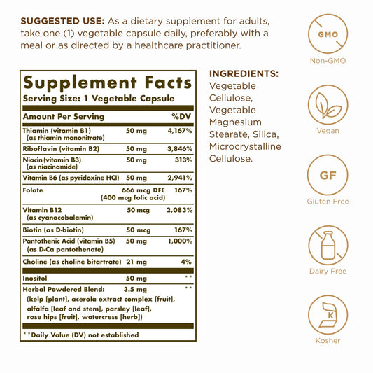 Solgar B-Complex 50 etiqueta ingredientes, información clara