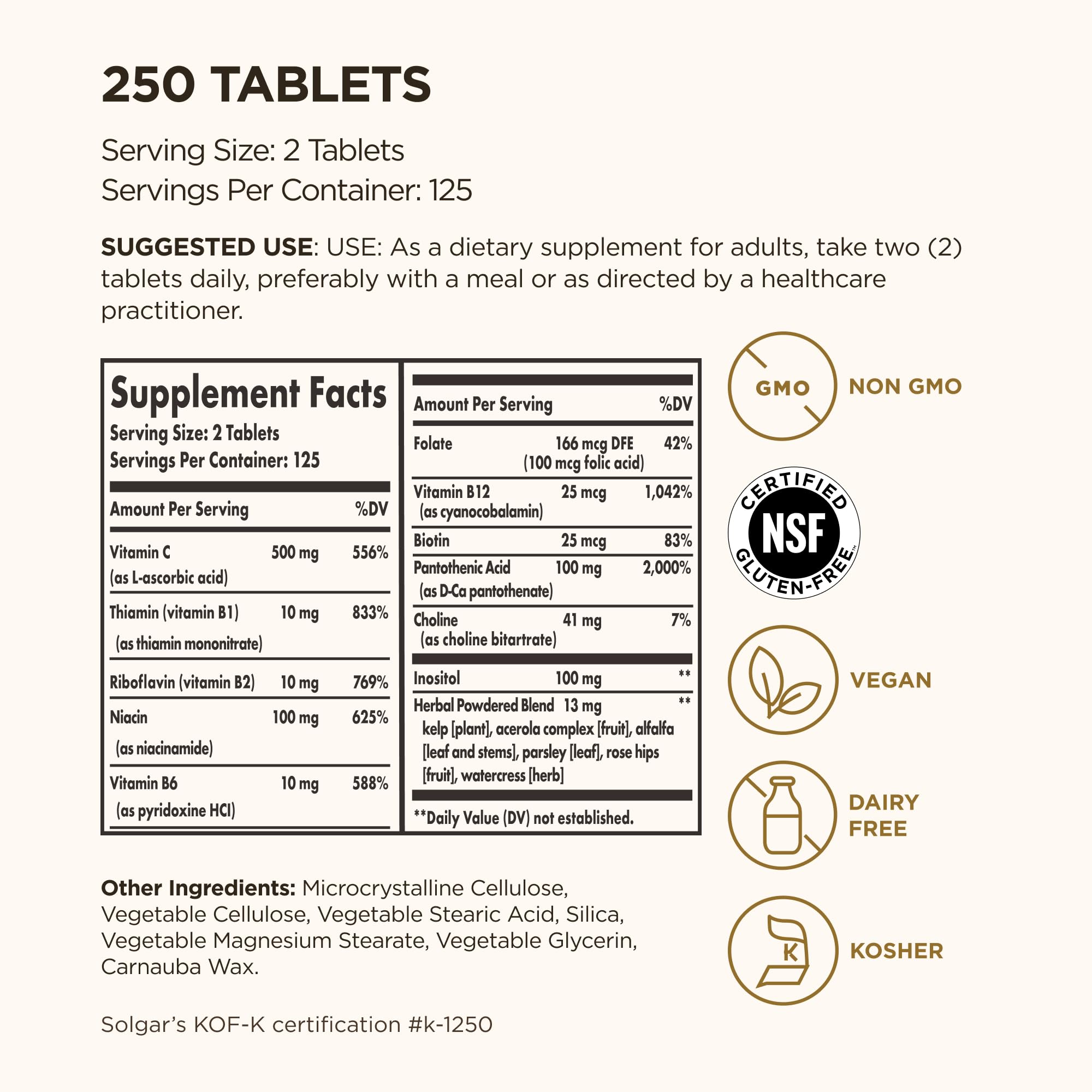 Solgar Complejo-B con Vitamina C, tabletas listas para el día.