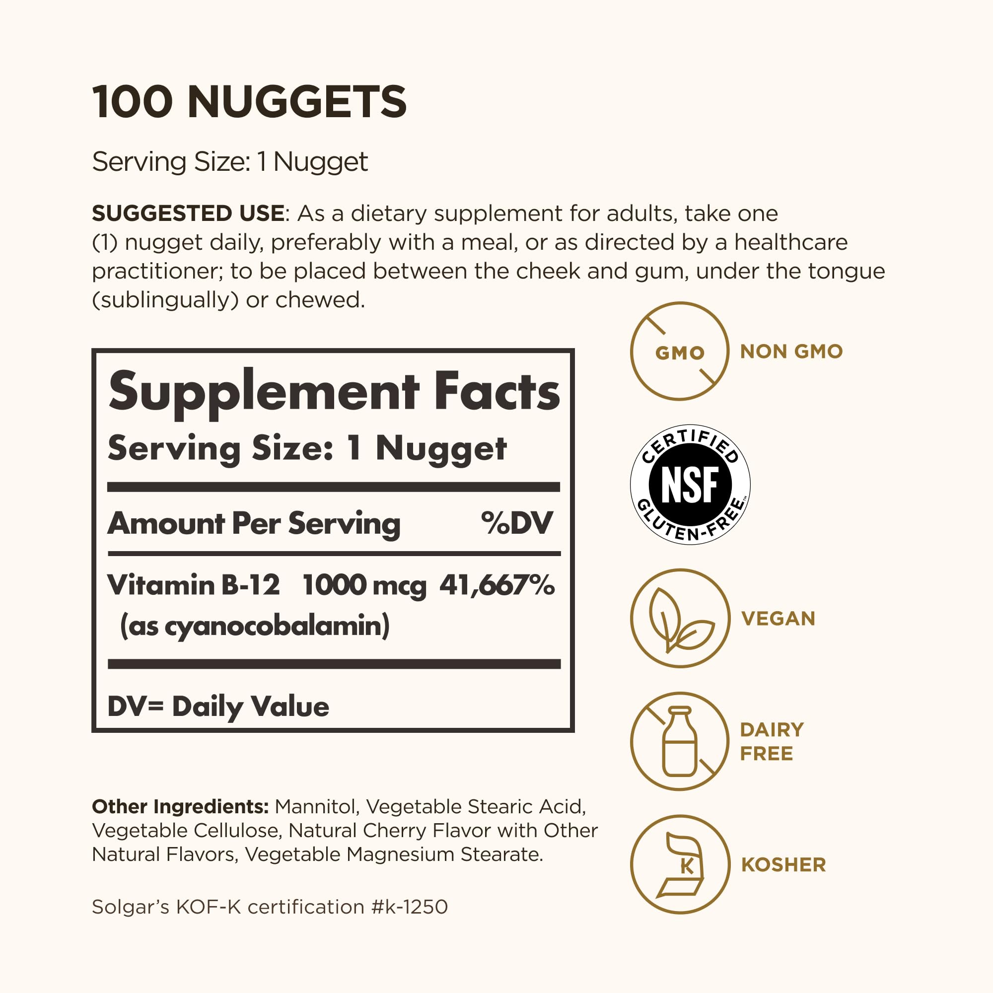 Solgar nugget en primer plano resaltando forma y tamaño práctico