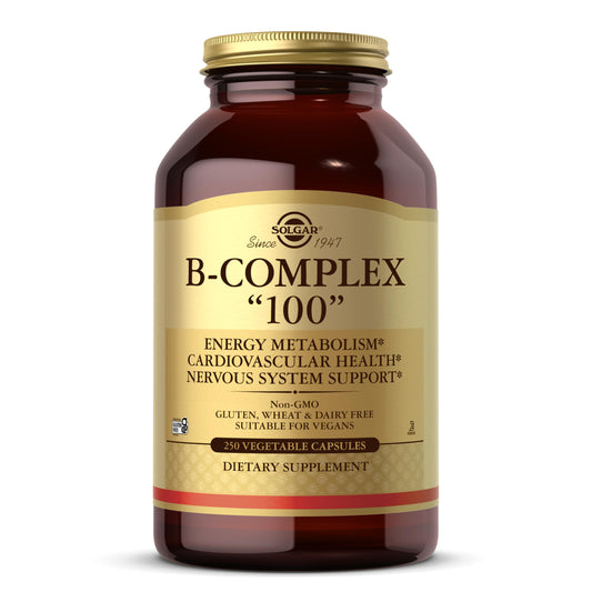 Solgar B-Complex 100: botella para uso diario y apoyo de energía.