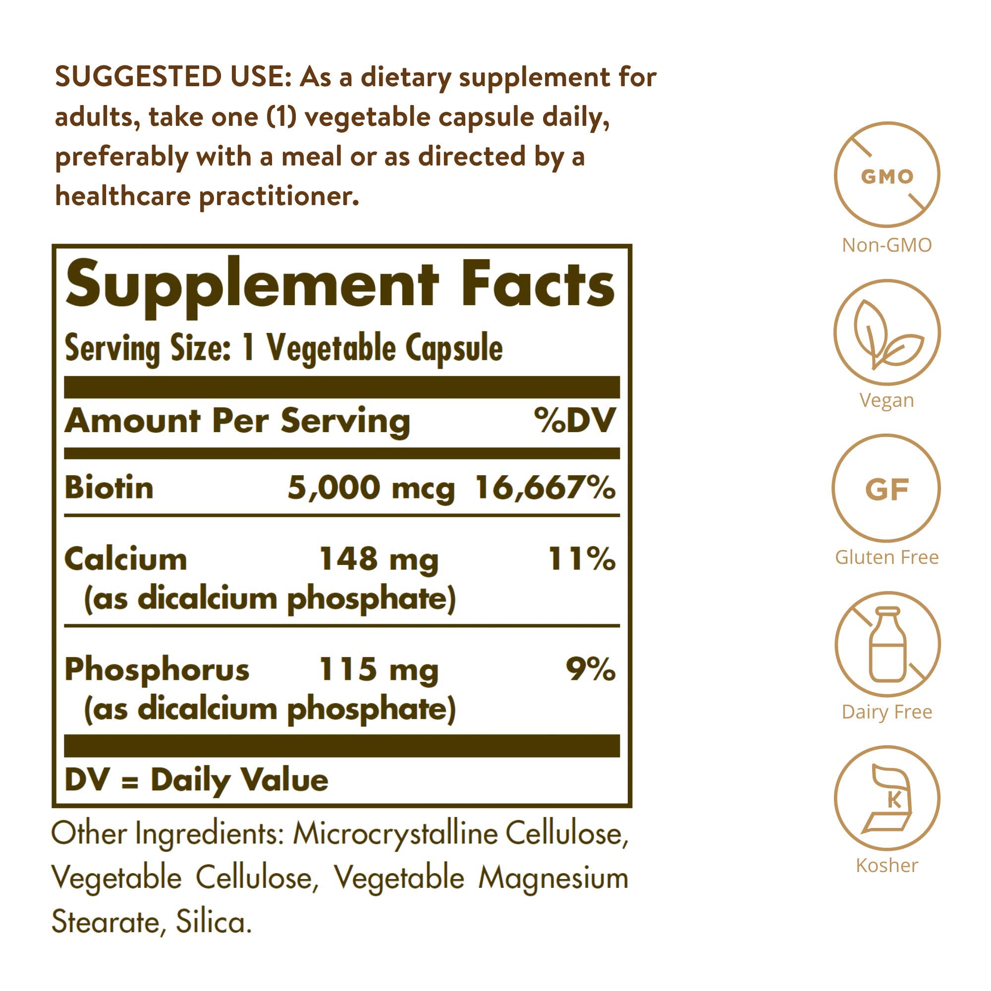 Detalle de una cápsula vegetal Solgar Biotin resaltando textura y pureza