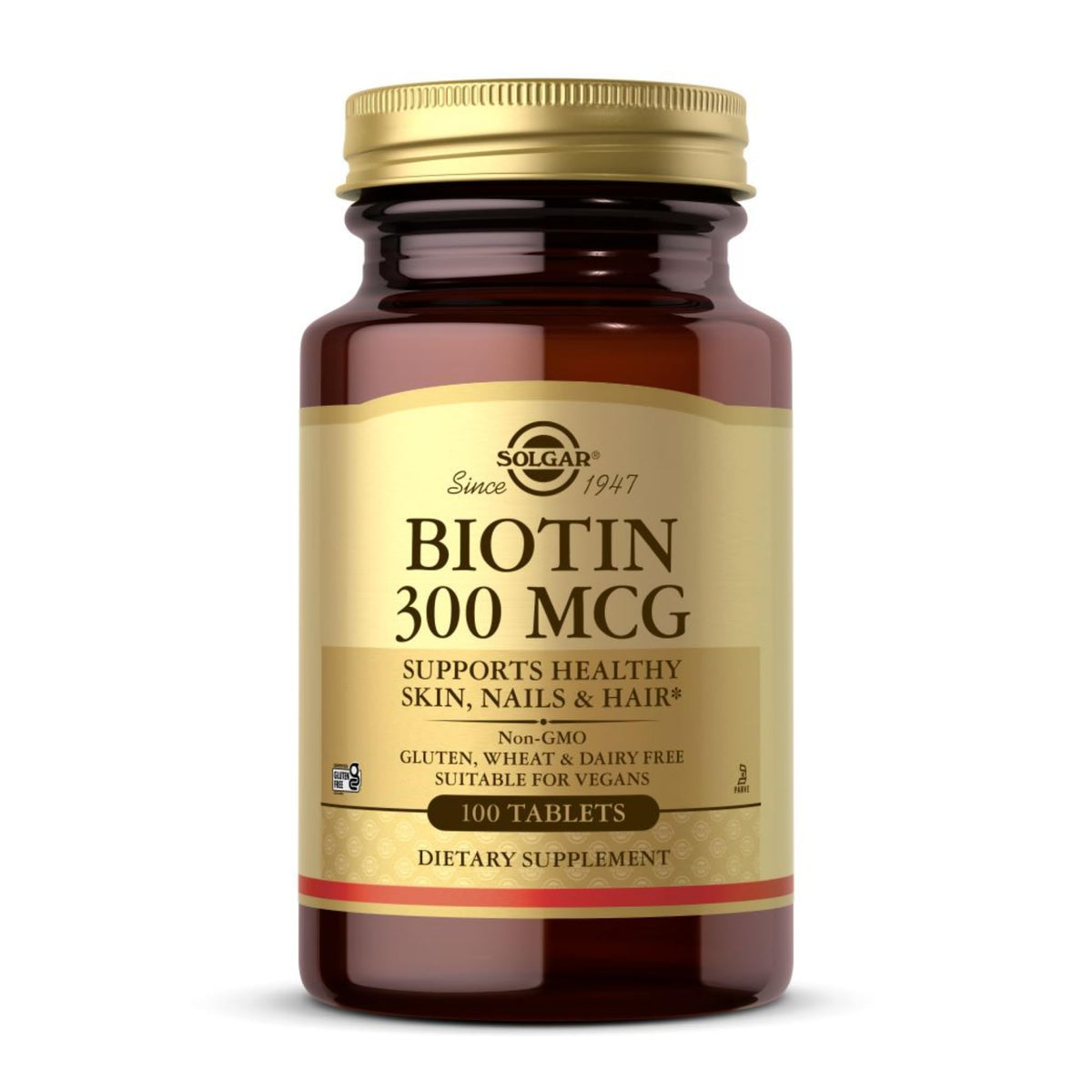 Solgar Biotina 300mcg: botella de 100 tabletas lista para tu rutina diaria.