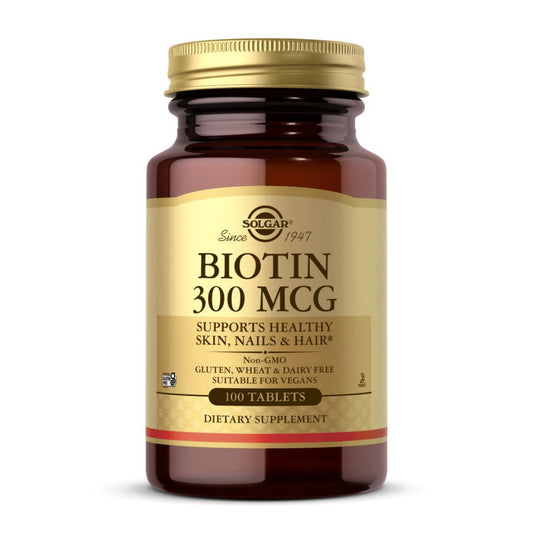 Solgar Biotina 300mcg: botella de 100 tabletas lista para tu rutina diaria.