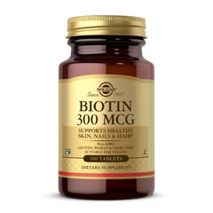 Solgar Biotina 300mcg: botella de 100 tabletas lista para tu rutina diaria.