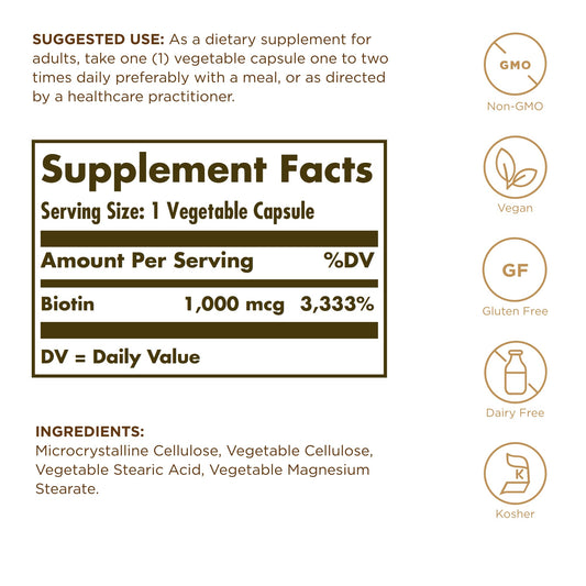 Solgar Biotina Potencia Mejorada, etiqueta visible que destaca fórmula vegetariana y libre de gluten.