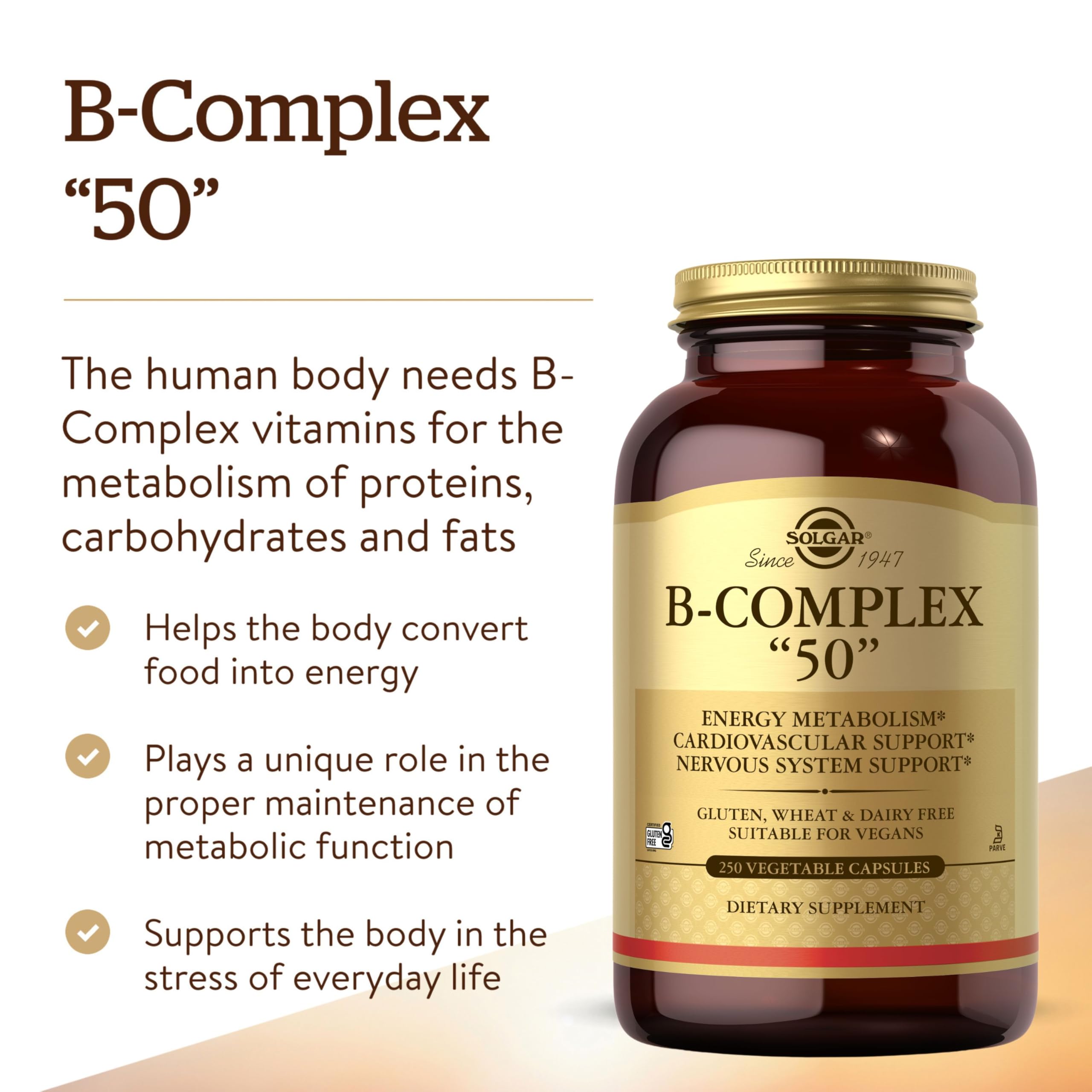 Etiqueta trasera Solgar B-Complex con ingredientes y pureza para elegir con confianza