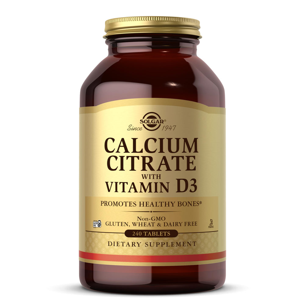 Solgar Calcium Citrate con D3: tabletas frente a la botella para huesos fuertes