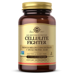 Solgar Cellulite Fighter cápsulas en primer plano, textura y dosificación