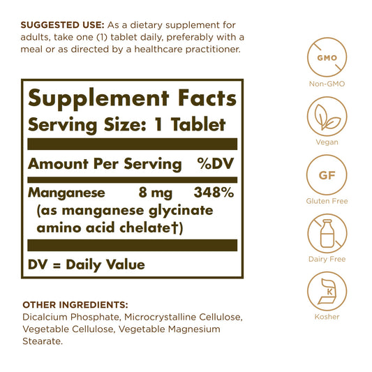 Solgar Chelated Manganese tablets close-up showing compact, easy-to-swallow capsules