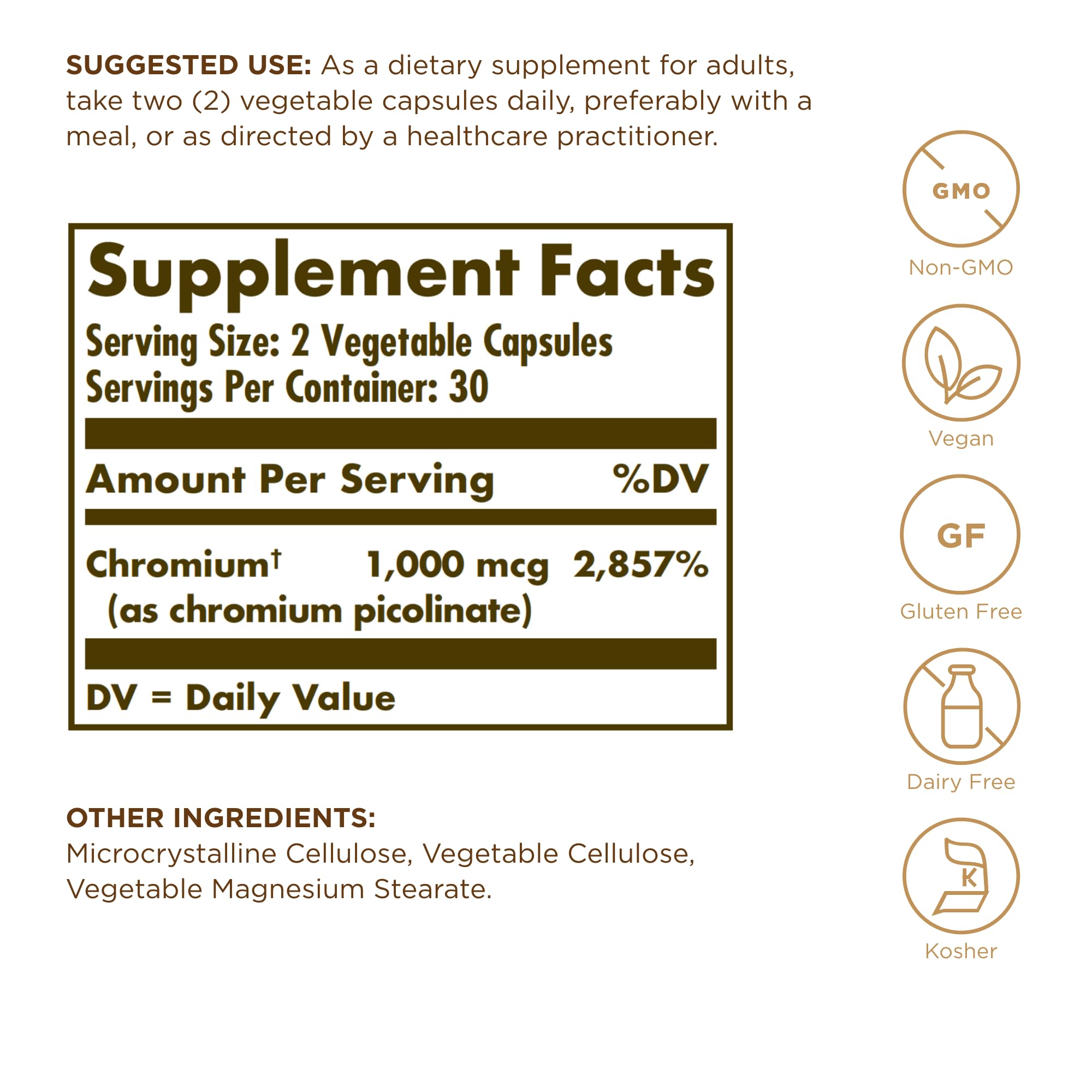 Solgar cromo picolinato 500 mcg – etiqueta frontal: lectura clara de ingredientes y dosis.