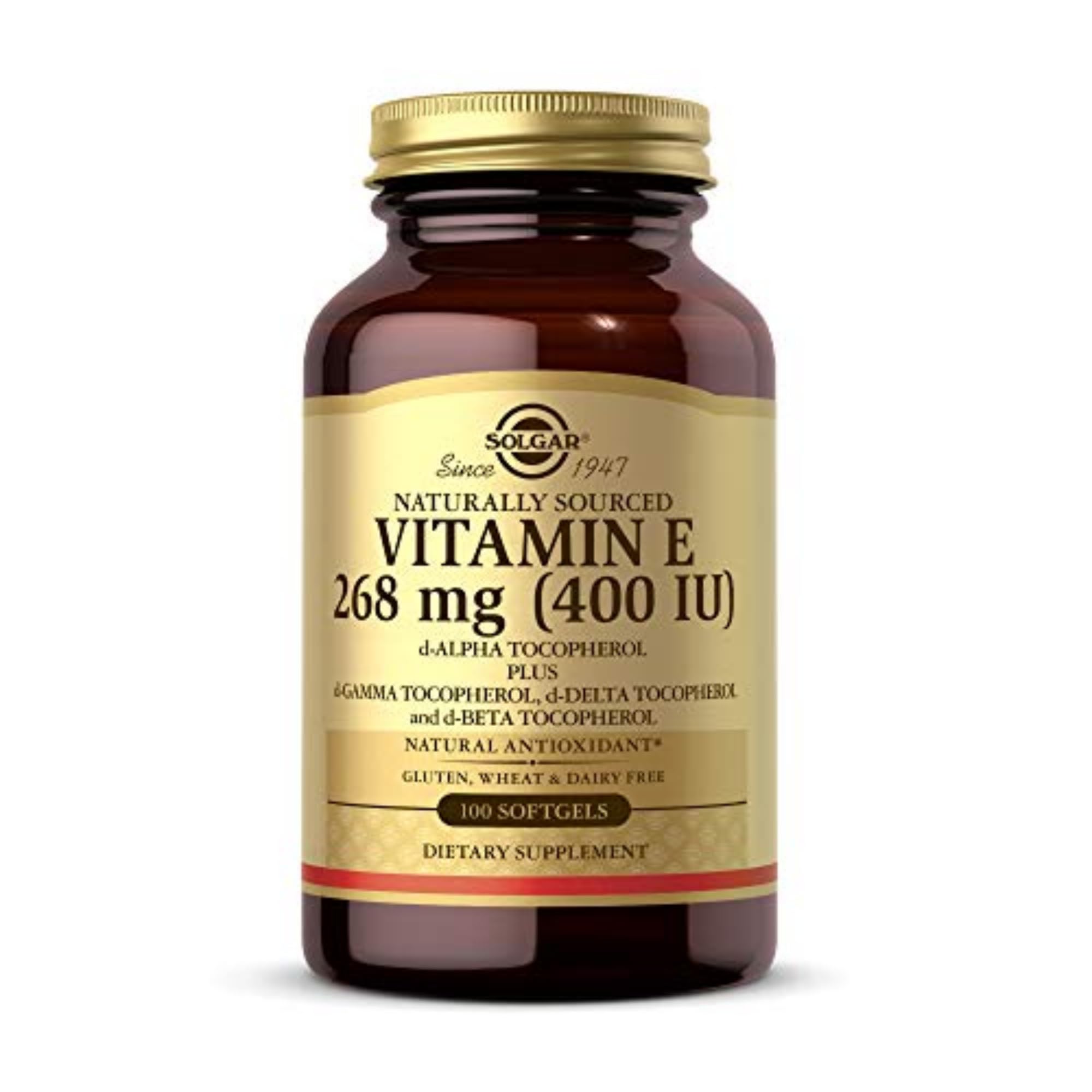 Solgar envase frontal de Vitamina E mostrando dosis y presentación, confianza en la marca