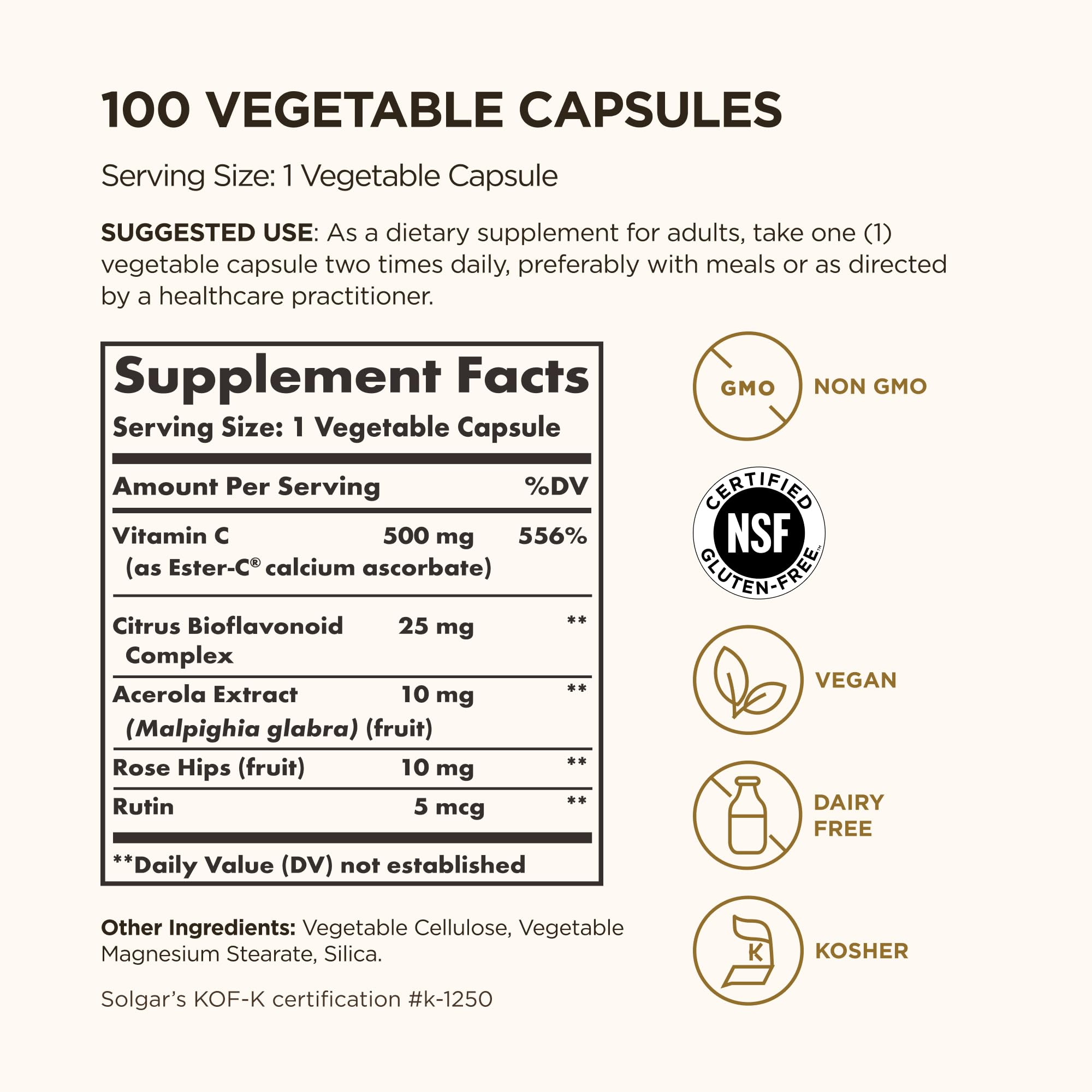 Cápsula vegetal Solgar Ester-C en primer plano, detalle de superficie y tamaño