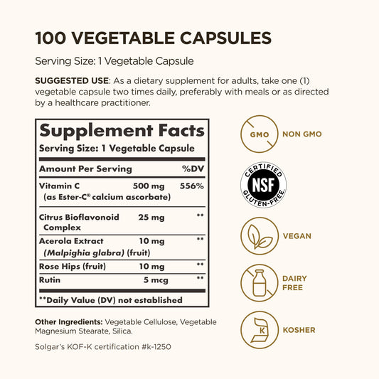 Cápsula vegetal Solgar Ester-C en primer plano, detalle de superficie y tamaño
