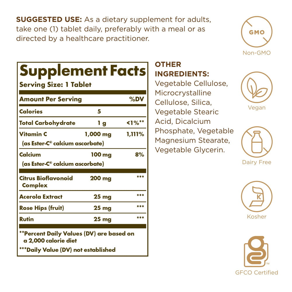 Solgar Ester-C Plus 1000 mg tabletas de alta absorción para uso diario.