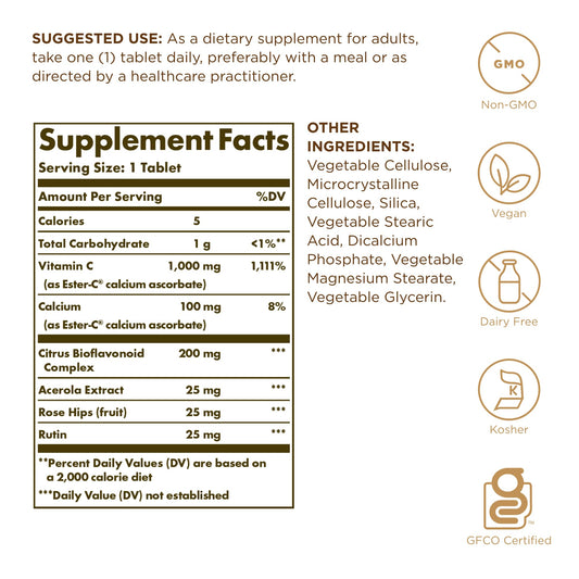 Solgar Ester-C Plus 1000 mg tabletas de alta absorción para uso diario.