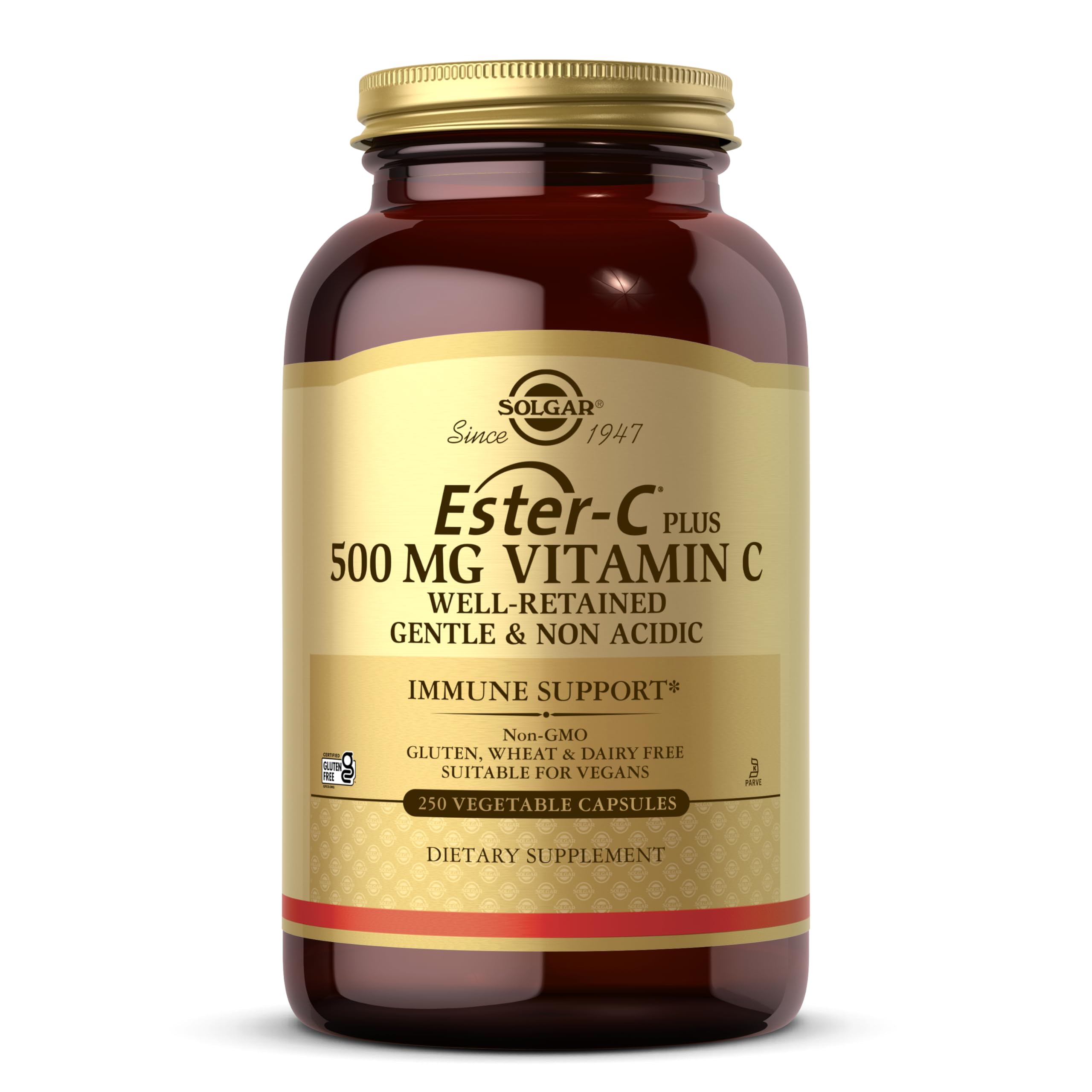 Solgar frasco delantero de Ester-C Plus mostrando etiqueta y cantidad