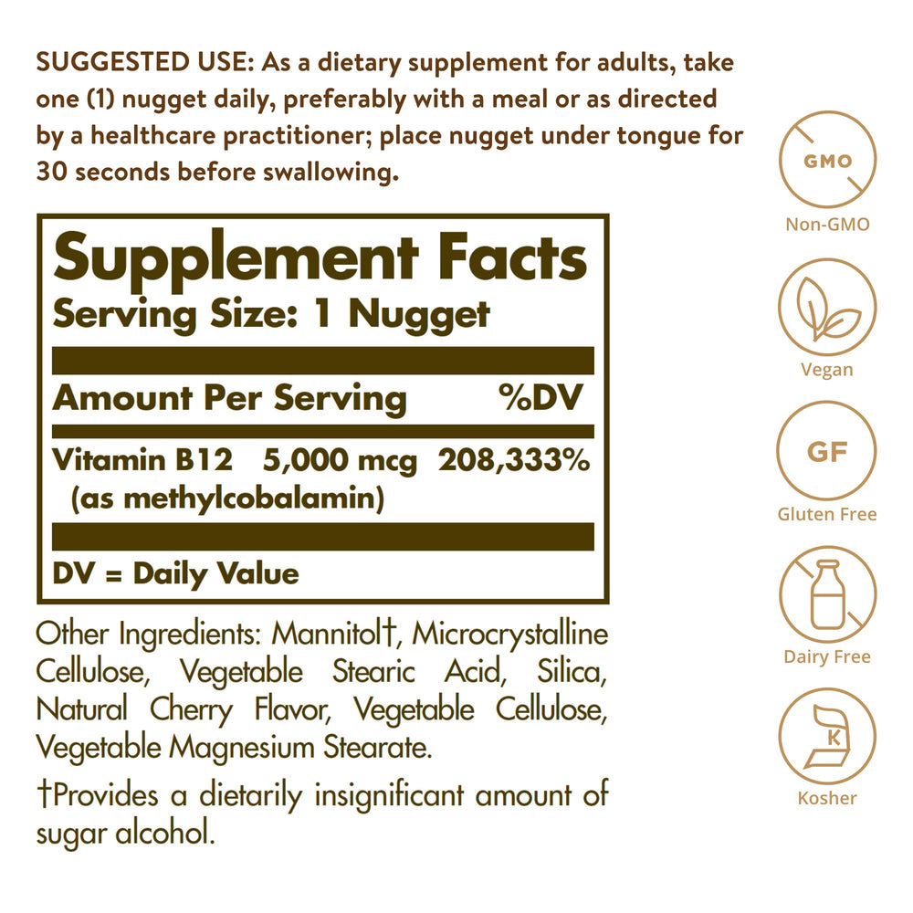 Solgar frasco abierto con nuggets visibles facilita la toma sublingual y almacenamiento