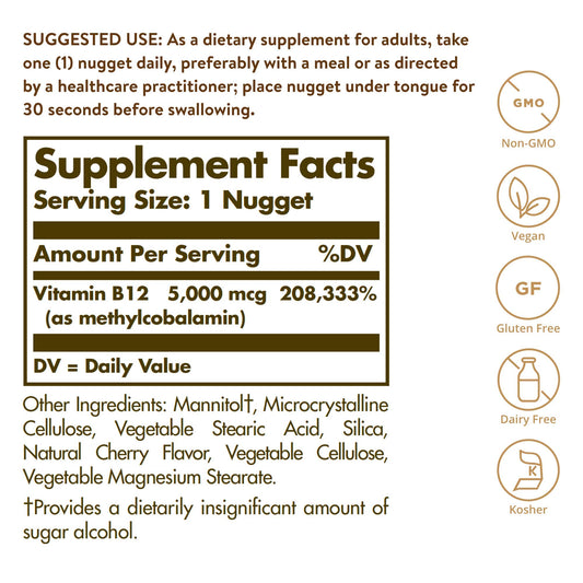 Solgar frasco abierto con nuggets visibles facilita la toma sublingual y almacenamiento