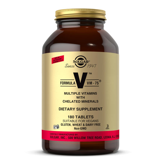 Solgar bote frontal mostrando Formula VM-75 y beneficio de confianza en calidad