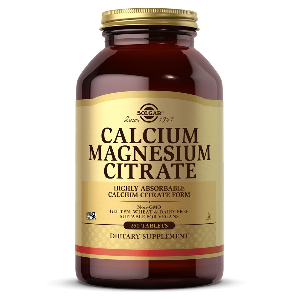 Solgar frasco frontal mostrando Calcium Magnesium Citrate, visión clara del producto