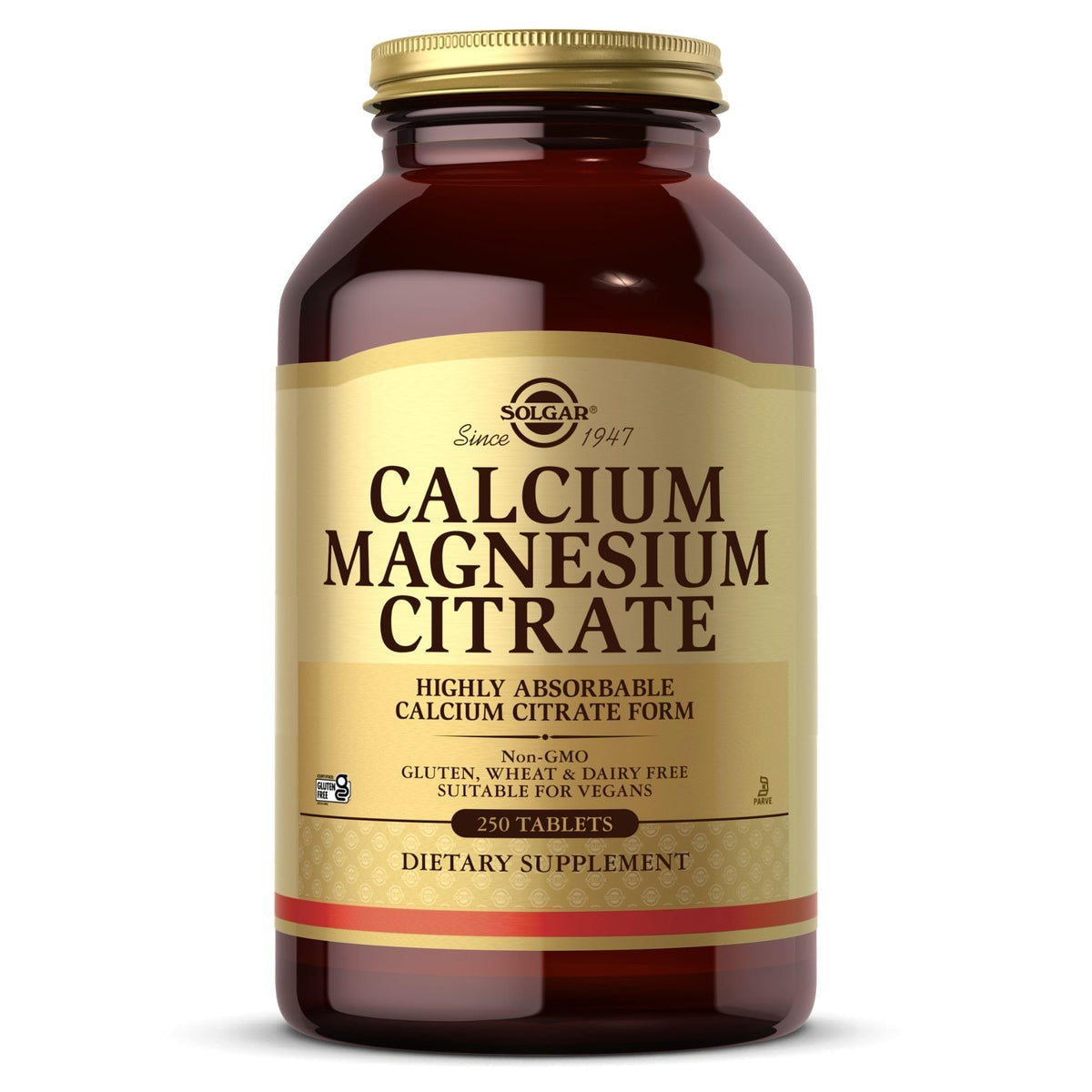 Solgar frasco frontal mostrando Calcium Magnesium Citrate, visión clara del producto