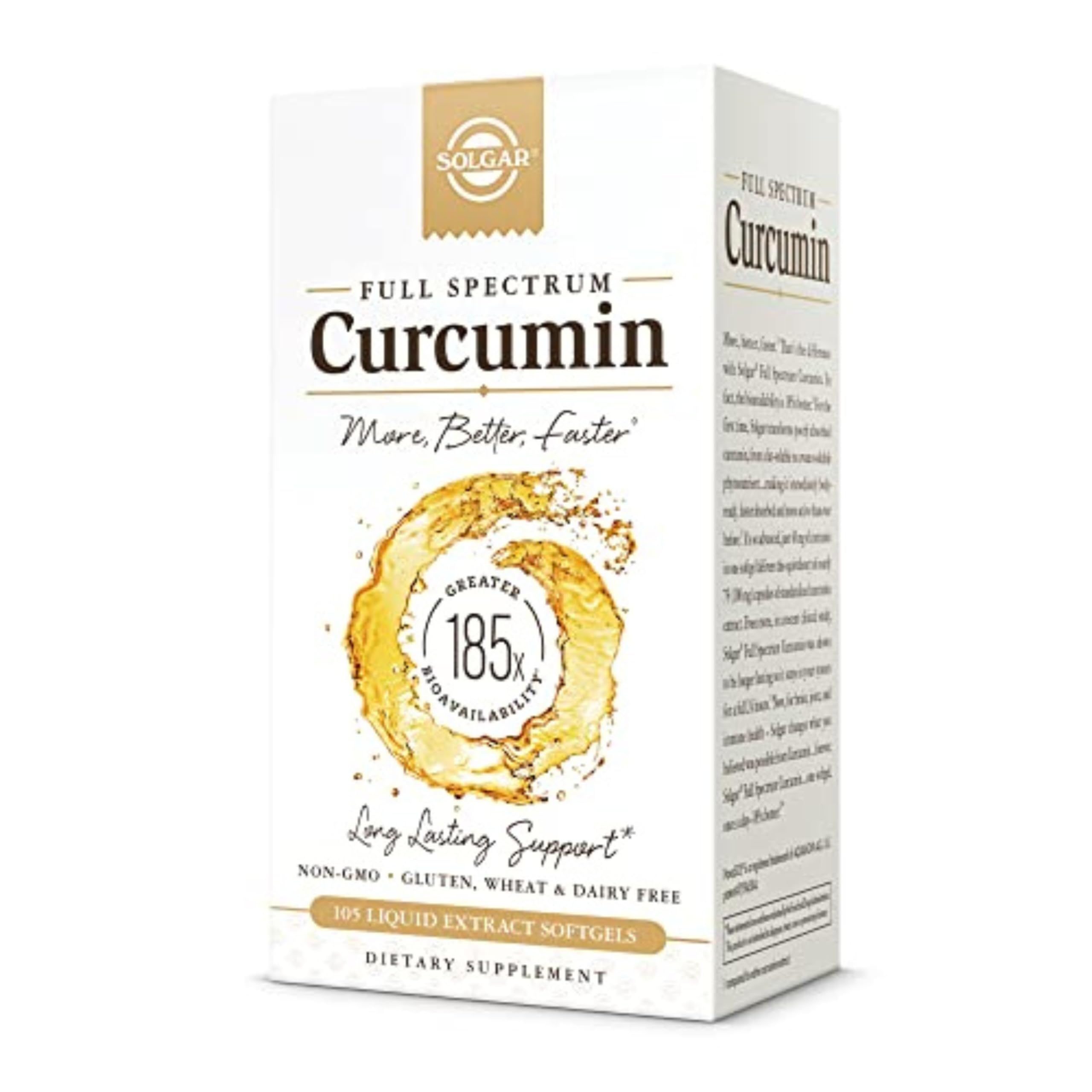 Solgar envase frontal Full Spectrum Curcumin mostrando dosis y diseño, facilita elección
