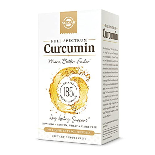 Solgar envase frontal Full Spectrum Curcumin mostrando dosis y diseño, facilita elección