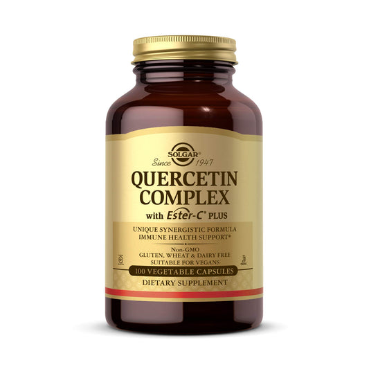 Solgar frasco frontal de Quercetin Complex mostrando etiqueta y beneficios