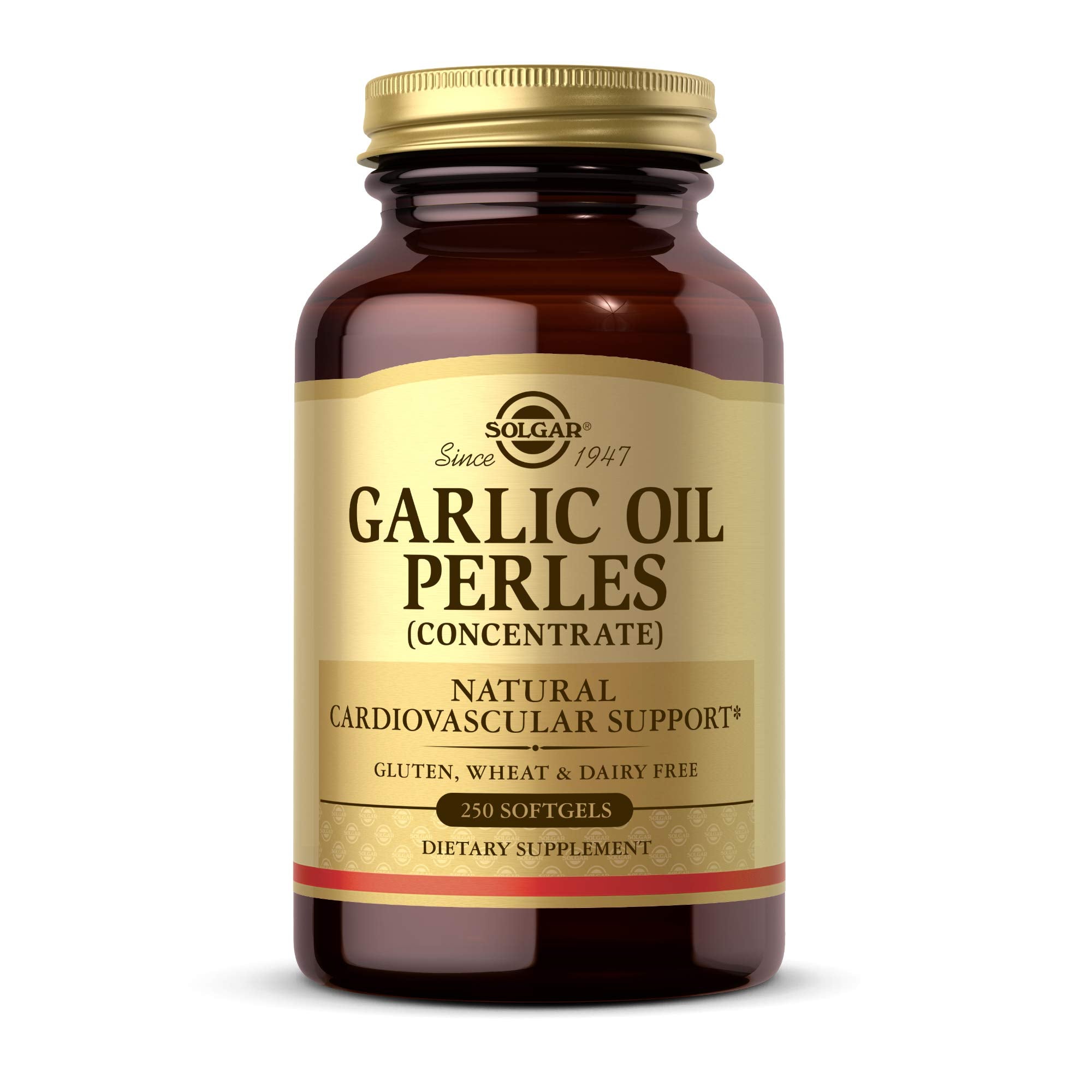 Solgar frasco frontal de Garlic Oil Perles mostrando envase claro y cantidad