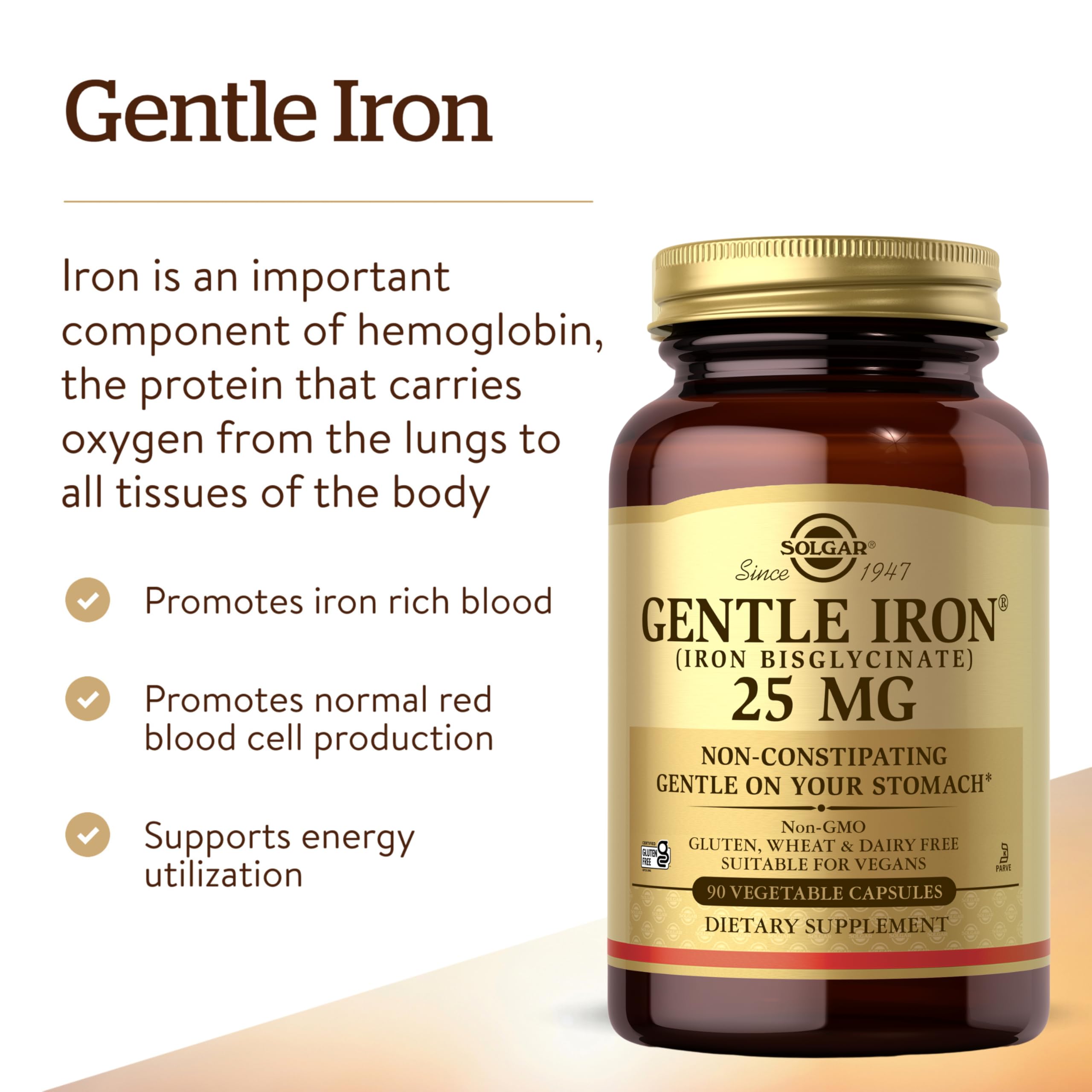 Detalle de una cápsula vegetal Solgar Gentle Iron enfatizando su formulación suave