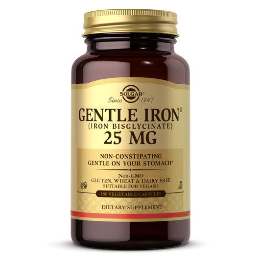 Solgar Gentle Iron frasco frontal mostrando envase y sello de calidad