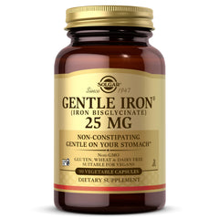 Solgar Gentle Iron frontal del envase mostrando 90 cápsulas y marca con confianza