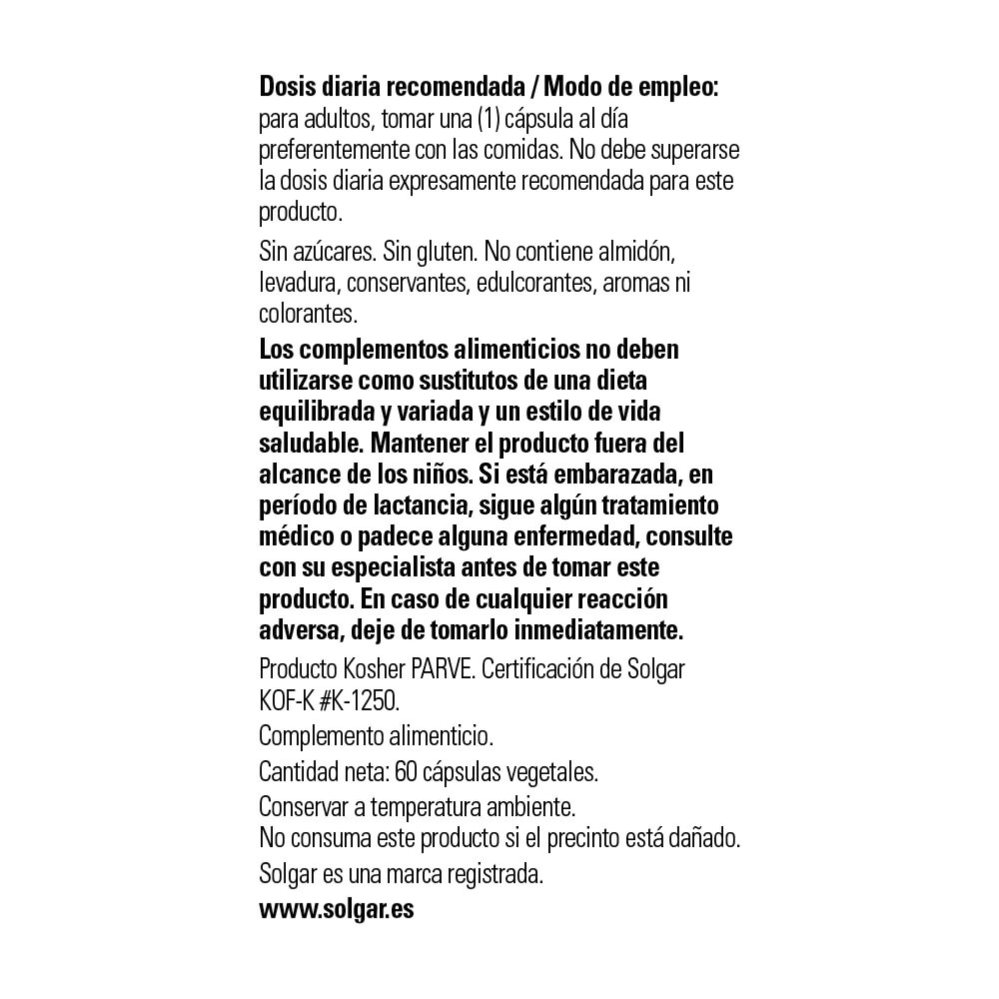 Solgar glutatión reducido 250 mg, botella: etiqueta clara e información de uso