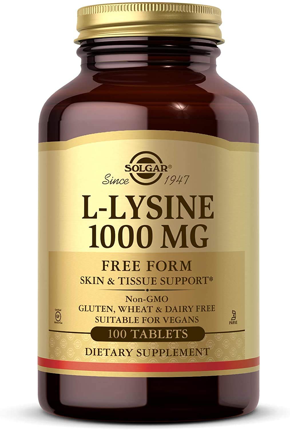 Solgar envase frontal mostrando lisina 1000 mg y 100 tabletas, claridad de información