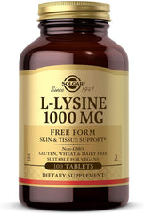 Solgar envase frontal mostrando lisina 1000 mg y 100 tabletas, claridad de información