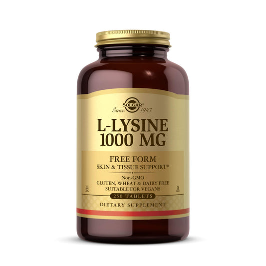Solgar L-Lysine frontal del envase mostrando dosis y cantidad